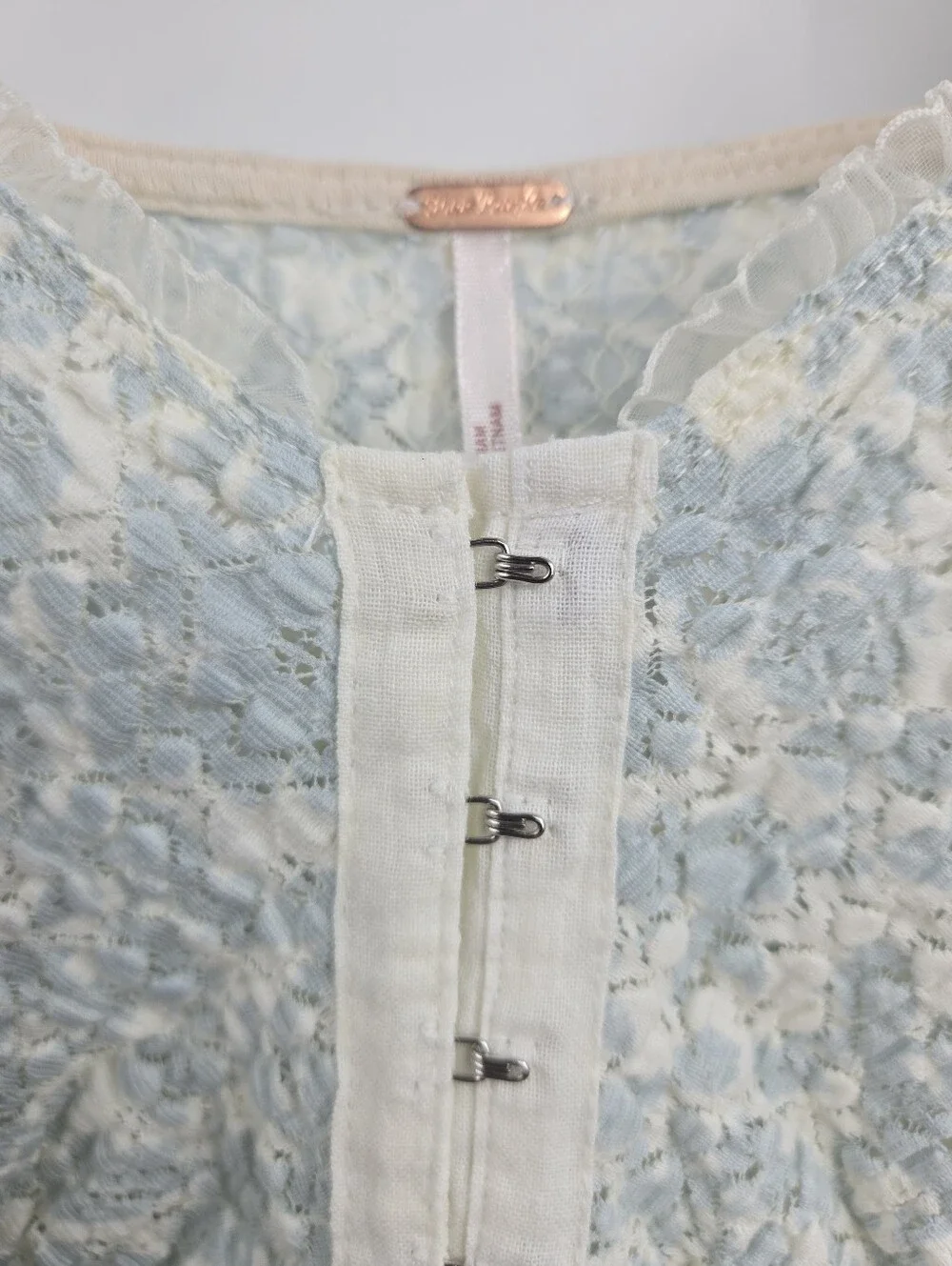 Free People Oh Baby Lace Top Light Blue Floral Puff Sleeve Peasant
